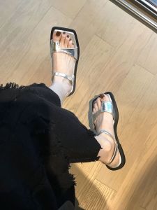 รองเท้าแตะส้นแบนทรงโรมัน ทรงสี่เหลี่ยม หัวเข็มขัด ทรงสี่เหลี่ยม รองเท้าแตะชายหาด สไตล์สตรีท สำหรับผู้หญิง