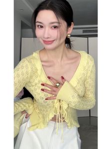 เสื้อคาร์ดิแกนคอวีเปิดหลวมๆ สำหรับผู้หญิง สไตล์ฝรั่งเศส แขนยาว ทรงสลิมฟิต ปกติ ไม่มีแบรนด์ แฟชั่นฤดูร้อน