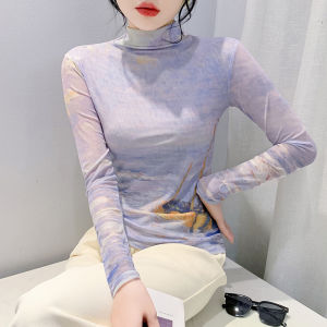 REHIN High-Neck Long-Sleeve Mesh Printed T-Shirt - Elegant & Comfortable Fall/Winter Womens Top