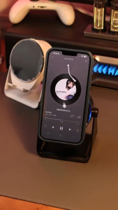 Universal Auto Sencing Connection Wireless Induction Speaker Bracket Portable NFC Bluetooth Speaker 360° Rotating Cellphone Stand Audio Sensor System Speaker Colorful Ambient RGB Light HD Stereo for Mobile Phone Pad Gifts