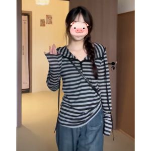 American Style Striped Hooded Knitted Long Sleeve T-Shirt Womens Waist-Cinching Design Unique Top Body-conscious Shirt