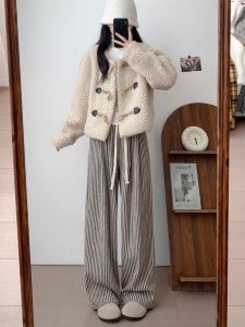 Quần Ống Rộng Kẻ Sọc Cỡ Lớn Cho Nữ Xuân Thu 2025 Phong Cách Mới Quần Thể Thao Thường Ngày Rộng Rãi Quần Len Dệt Kim Cạp Cao