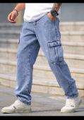 Light blue cargo jeans with faded wash and multiple pockets. Casual fit for everyday wear. Paired with white sneakers and a watch.