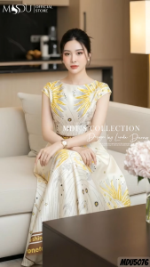 Đầm Lụa Latin Cao Cấp MDU5076 Màu Be Họa Tiết Hoa Chìm Sang Trọng Thanh Lịch Từ MDU