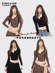 CBXLAB Street Dance High Elastic Soft Jazz Pop Button Top Womens Autumn Winter Kpop Dance Inner Spicy Girl Shirt Short Sleeve round Neck