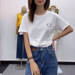 White Pure Cotton Short Sleeve T-Shirt Womens Loose Fashionable Summer Top Korean Style round Neck Cartoon Letter Print