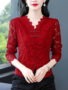 Ruffle Hollow out V-neck Long Sleeve Slimming Lace Shirt Womens Fashion Autumn New Style Elegant Small Audience Top