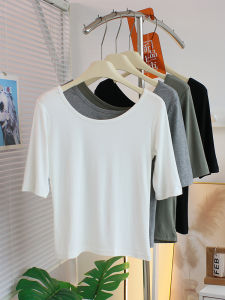 เสื้อยืดคอกลมแขนสั้นทรงเข้ารูปผ้าคอตตอนยืดยืดหยุ่นสำหรับผู้หญิงในฤดูใบไม้ผลิและฤดูร้อน เสื้อชั้นในโยคะ ทรงเข้ารูป แขนสั้น เสื้อผ้าทำงานสไตล์เกาหลี