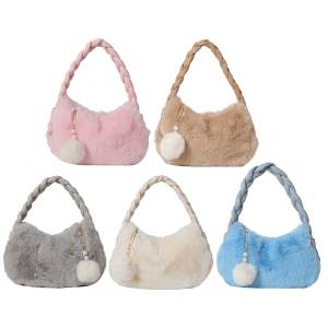 [BAGOO]Ladies Fluffy Bags Solid Color Furry Underarm Bag Versatile Stylish Wrist Bag with Pearl Fuzzy Pendant Gifts for Friends