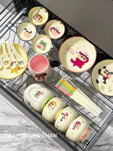 New Home Ceramic Bowl Plate Set Cartoon Character Dining Utensils Combination Moving Gift Family And Children round Shape Rice Bowl