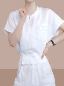 Shalldoer | Slimming White Short Sleeve T-Shirt Womens Fashion Simple Waist-Cinching Lace Patchwork Pocket Summer Casual Round Neck Top