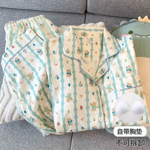Cute Cartoon Pure Cotton Sleepwear Long Sleeve Womens Home Clothes Set with Chest Pad plus Size Comfortable Spring Autumn