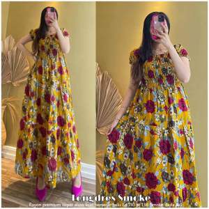 Dres Bali lONG CANDA MAWAR BESAR/LONG DRESS - gaun panjang bermotif bunga besar lengan pendek dengan detail renda cocok untuk acara formal atau semi-formal.