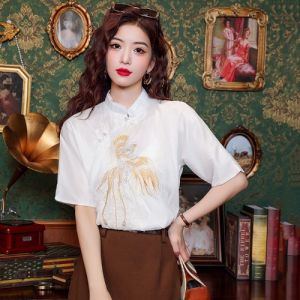Retro Embroidered Button up Top New Chinese Style Summer T-Shirt Creative Design Bubble Sleeve Loose Fit round Neck Shirt