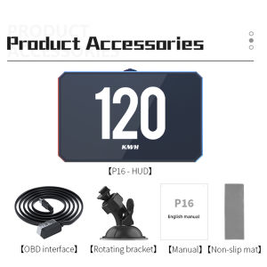 RYSJM | P16 Car HUD OBD2 Head Up Display Digital Speedometer KMH MPH Tachometer Water Oil Temp Turbo Pressure Over Speed Security Alarm