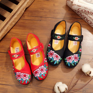 Giày Vải Thêu Phong Cách Dân Tộc Giày Thường Ngày Cho Phụ Nữ Giày Khiêu Vũ Trên Sân Cỏ Giày Khiêu Vũ Cho Mẹ Giày Đế Bằng