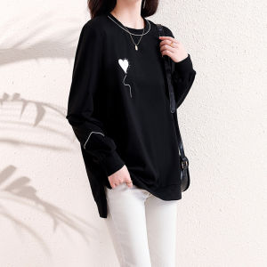 เสื้อฮู้ดลายหัวใจสำหรับผู้หญิงไซส์ใหญ่ ทรงหลวม แขนยาว คอกลม ผ้าฝ้ายผสมโพลีเอสเตอร์ เสื้อชั้นในฤดูใบไม้ผลิ แฟชั่น