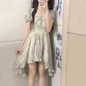 Váy Công Chúa in Sơn Mài Không Đều Ngọt Ngào Thon Gọn Eo Cao Váy Mùa Hè Mới Váy Ngắn Tay Bồng Polyester Nylon