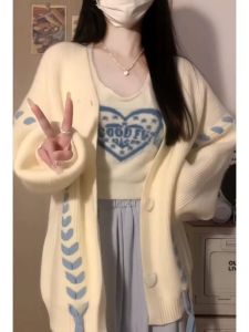 American Retro Soft Glutinous Sweater Female Fall and Winter Loose and Lazy Style Butterfly Heart Strap Stylish Cardigan Outwear Tide
