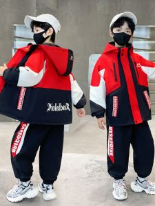 Boys Spring Autumn Sports Outfit Stylish Two-Piece Set Warm Fleece Lined Polyester Long Sleeve Top And Pants for Kids