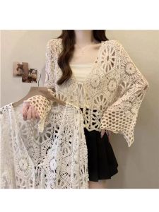 Cotton Knit Cardigan for Women Summer New Arrival Bohemian Vacation Style Long Sleeve Short Top Shirt Embroidered Shoelace Cut Out Detailing