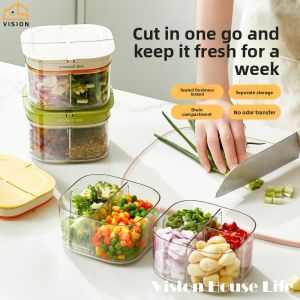 Vision 4 Girds Food Storage Box Refrigerator Fresh Keeping Box Kitchen Onion Ginger Garlic Fruit Drain Sealed Box Transparent Compartment Storage Box