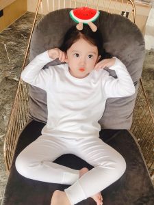 Childrens Classic Pure White Cotton Long Sleeve Homewear Set Boys Girls Thermal Underwear T-Shirt Pants Two-Piece Suit