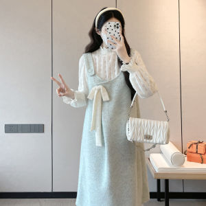 Maternity Dress With Bow Belted A-line Nappa Mid-length  Lace Top