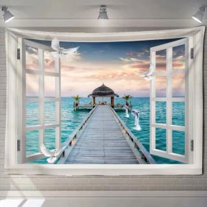 VIKAMA Bãi Biển Nhiệt Đới Đại Dương Hồ Bơi Cây Cọ Treo Tường Thảm Cho Phòng Ngủ Trang Trí Phòng Khách Polyester Ban Công Phong Cảnh Nghệ Thuật