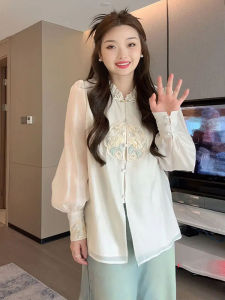 เสื้อเชิ้ตแจ็คการ์ดปักลายสไตล์จีนแบบใหม่สำหรับสวมใส่ชุดผู้หญิงไซส์ใหญ่สำหรับสาวอวบเสื้ออำพรางหุ่นเรียบหรูใส่แล้วดูผอมเพรียวดูแพง