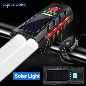 Solar Bicycle Light with Horn Rechargeable Bike Front Lamp Red Side Light Mountain MTB Headlight Bike Bell Cycling Accessories