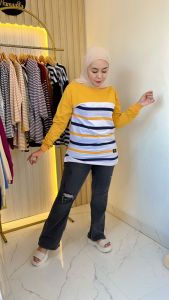 Kaos Wanita Lengan Panjang Kombinasi Setrip Salur Model Los Belah Pinggir // Atasan Wanita Lengan Panjang