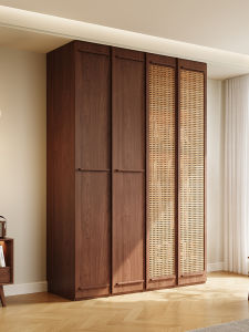 Vintage Chinese Rattan Weaving Oak Wood Customizable Storage Wardrobe