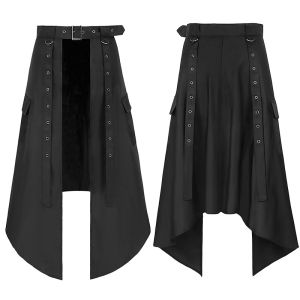 Goth Rock Style Asymmetrical Midi Skirt for Men Dark Black Punk Design with Split Cosplay Motorcycle Clothing