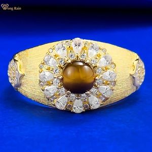 Wong Rain Vintage 925 Sterling Silver 5 MM Tigers Eye High Carbon Diamond Gem Ring for Women Fine Jewelry Anniversary Gifts