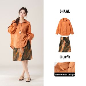 SHANGWEILUO | Sun Protection Small Crowd Summer Wear Orange Long Sleeve Shirt and Skirt Suit