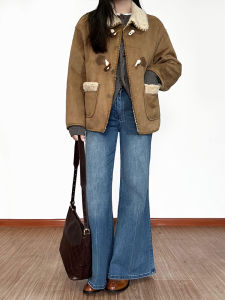 American Style High Waist Bell Bottom Blue Vintage Denim Jeans Women Loose Slimming Wide Leg Floor Length Pants