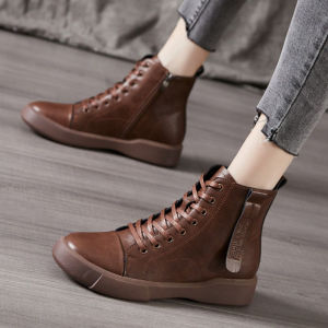 Brown Leather Short Martin Boots Womens Soft Bottom Large Size Autumn Winter New Style Vintage Fleece Lined Hong Kong Style Shoes