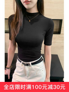 Áo Thun Nữ Cổ Cao Màu Đen Tay Ngắn Dệt Kim Ôm Vừa Vặn Mùa Thu 2025 Áo Thun Thường Ngày Bằng Lụa Tổng Hợp