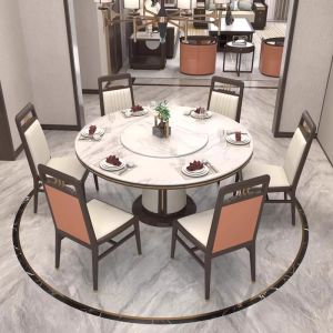 Modern Minimalist Circular Dining Table And Chair Set with Rotating Plate New Chinese Style Rock Panel Solid Wood Restaurant Table And Chairs
