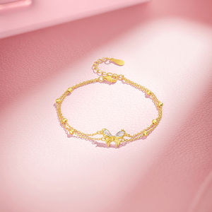 ZHOU LIU FU 周六福 สร้อยข้อมือ S925 Sterling Silver Golden Butterfly Adjustable Bracelet Cubic Zirconia Link Bracelets for Women 16+3CM J0714627