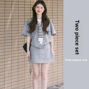 YUEZHONGWEI | 2025 Summer Outfit Trendy Sporty Casual Two-Piece Set Half Skirt Youthful Elegant Womens Clothing Short Sleeve Round Neck