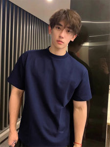 Royal Blue Heavyweight Pure Cotton Mens T-Shirt Short Sleeve Small Collar American Style Cleanfit Breathable Summer Fashion