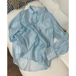 เสื้อเชิ้ตผ้าไหมสีน้ำเงินหลวมๆ ทรงหลวมๆ สำหรับผู้หญิง เสื้อเชิ้ตป้องกันแสงแดดแบบบาง เสื้อเชิ้ตปรับอากาศ คอตั้ง เสื้อผ้าแฟชั่น