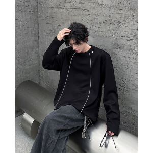 Black Shoulder Pad round Neck Sweatshirt Mens Autumn Winter Long Sleeve American Trendy Brand Base Shirt Cleanfit Heavyweight T-shirt