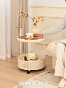 Cream Style Double-Layer Mobile Pulley Living Room Small Coffee Table Sofa Modern Creative Simple Bedside Table Snack Storage Cart 置物架