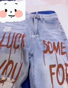 Celana Jeans Robek Retro Cetak Huruf & Celana Lurus Longgar Trendi