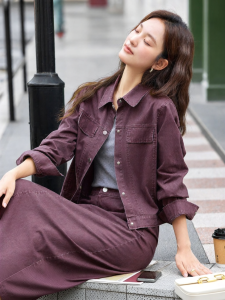 Vimly | Eye Catching Purple Spring 2026 New Arrivals Lapel Short Blouse Straight Skirt Set