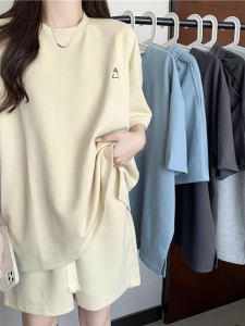 New 2026 Womens Casual Sports Set Summer Thin Loose plus Size Short Sleeve Shorts Two Piece Set Trendy Polyester Fiber round Neck