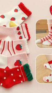 Set 5 đôi vớ thoáng khí lụa lạnh họa tiết quả dâu dành cho bé gái 2-8 Tuổi